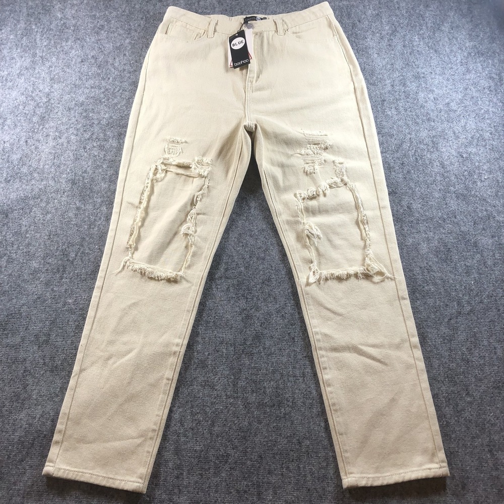 Boohoo Blue Jeans Womens US 10 UK 14 Beige Distressed Ripped Straight Leg Pants‎